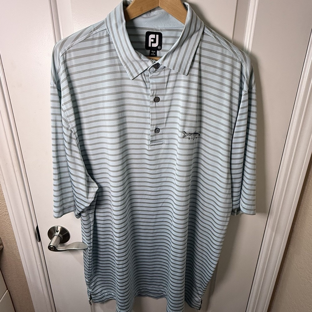 FootJoy‎ FJ Golf Polo Shirt 2XL Blue Gray Striped Fish Logo Performance